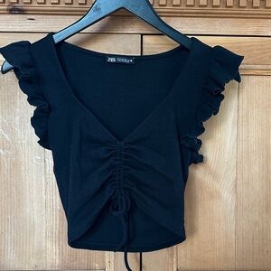 Zara Black Ruched Crop Top with Ruffle Sleeves